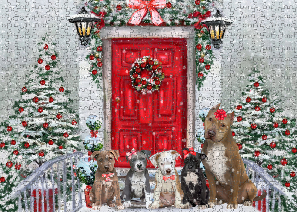 Christmas Holiday Welcome Pitbull Dogs Portrait Jigsaw Puzzle for Adults Animal Interlocking Puzzle Game Unique Gift for Dog Lover's with Metal Tin Box