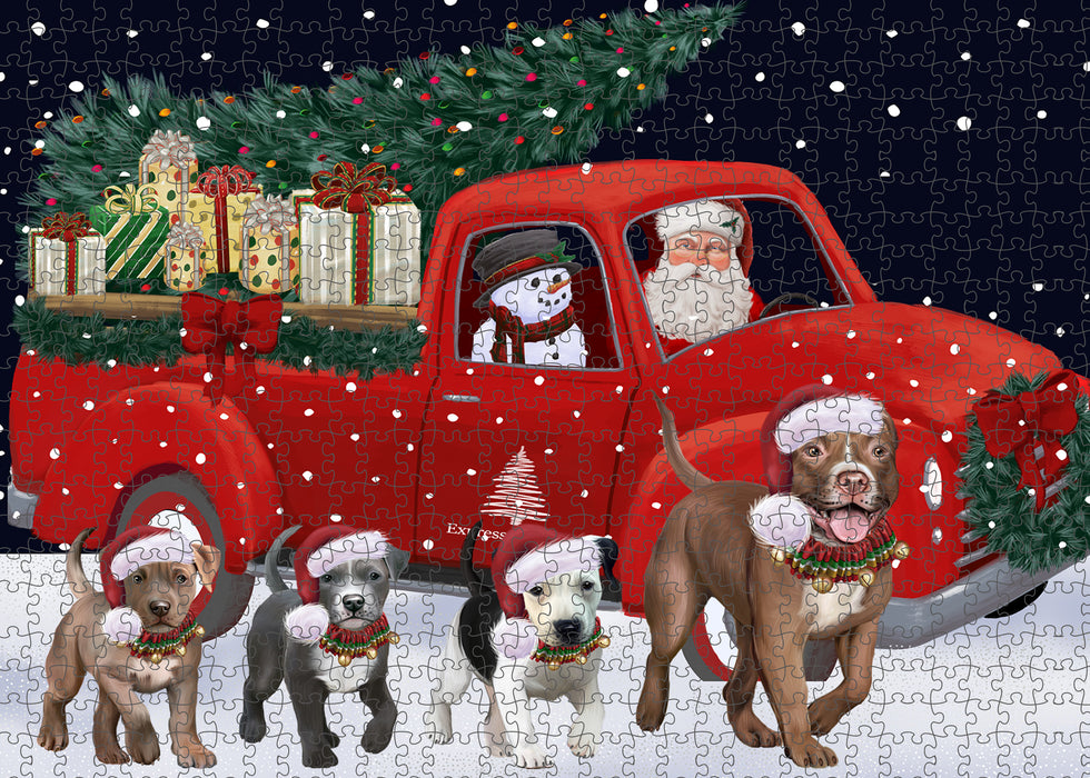 Christmas Express Delivery Red Truck Running Pitbull Dogs Puzzle with Photo Tin PUZL99768