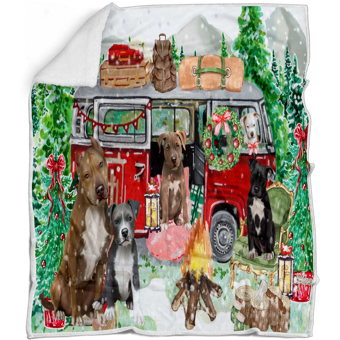 Christmas Time Camping with Pitbull Dogs Blanket - Lightweight Soft Cozy and Durable Bed Blanket - Animal Theme Fuzzy Blanket for Sofa Couch