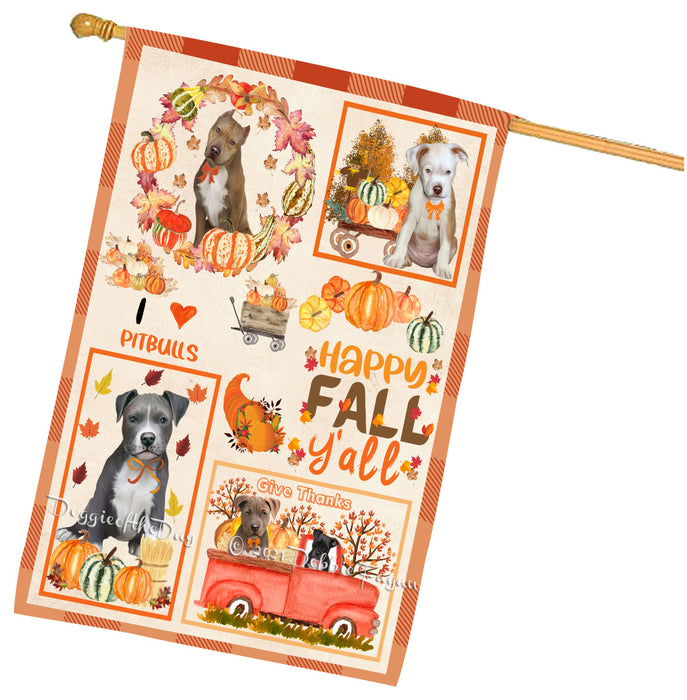 Happy Fall Y'all Pumpkin Pitbull Dogs House Flag Outdoor Decorative Double Sided Pet Portrait Weather Resistant Premium Quality Animal Printed Home Decorative Flags 100% Polyester