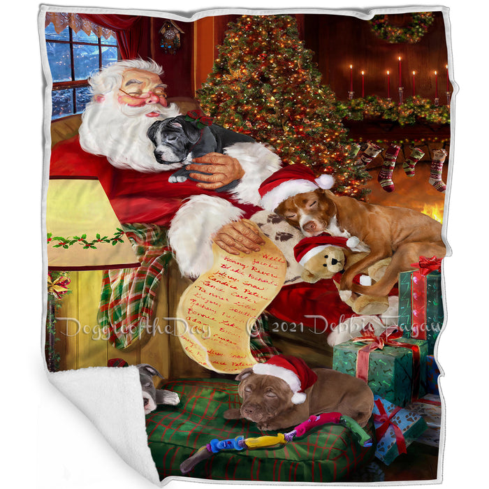 Pit Bull Dog and Puppies Sleeping with Santa Blanket