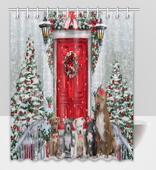 Christmas Holiday Welcome Pitbull Dogs Shower Curtain Pet Painting Bathtub Curtain Waterproof Polyester One-Side Printing Decor Bath Tub Curtain for Bathroom with Hooks