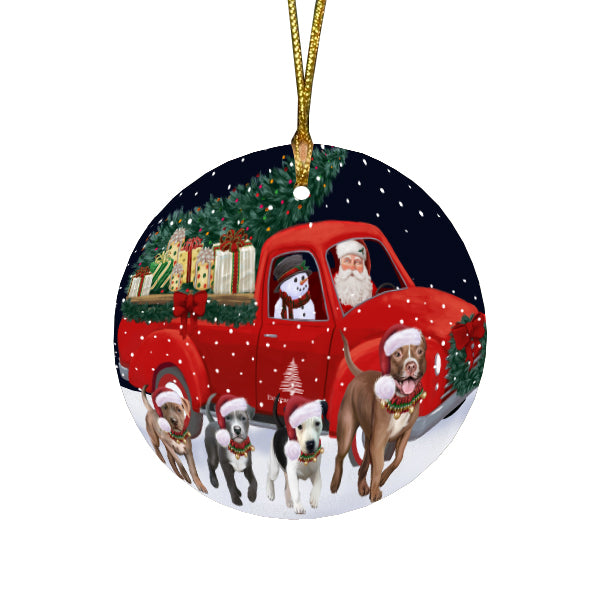 Christmas Express Delivery Red Truck Running Pitbull Dogs Round Flat Christmas Ornament RFPOR57767