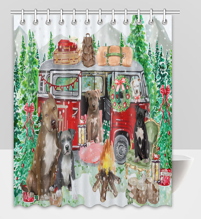 Christmas Time Camping with Pitbull Dogs Shower Curtain Pet Painting Bathtub Curtain Waterproof Polyester One-Side Printing Decor Bath Tub Curtain for Bathroom with Hooks