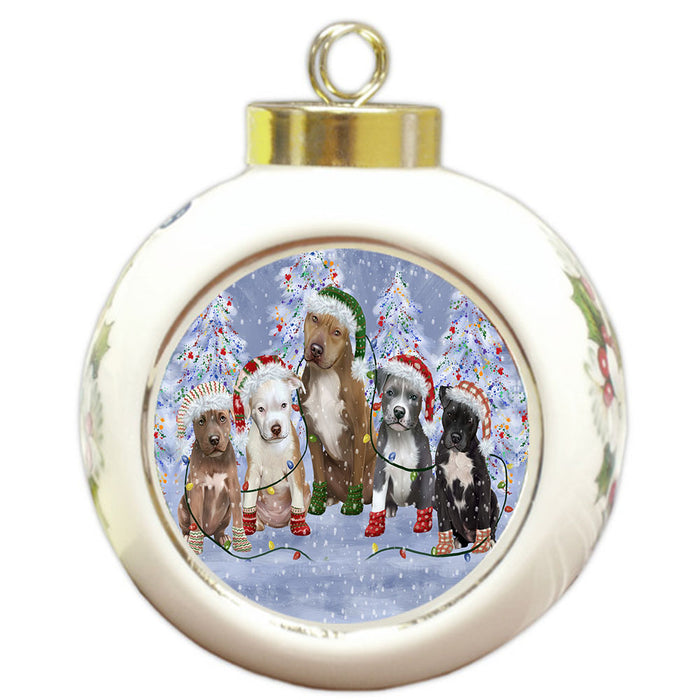 Christmas Lights and Pitbull Dogs Round Ball Christmas Ornament Pet Decorative Hanging Ornaments for Christmas X-mas Tree Decorations - 3" Round Ceramic Ornament
