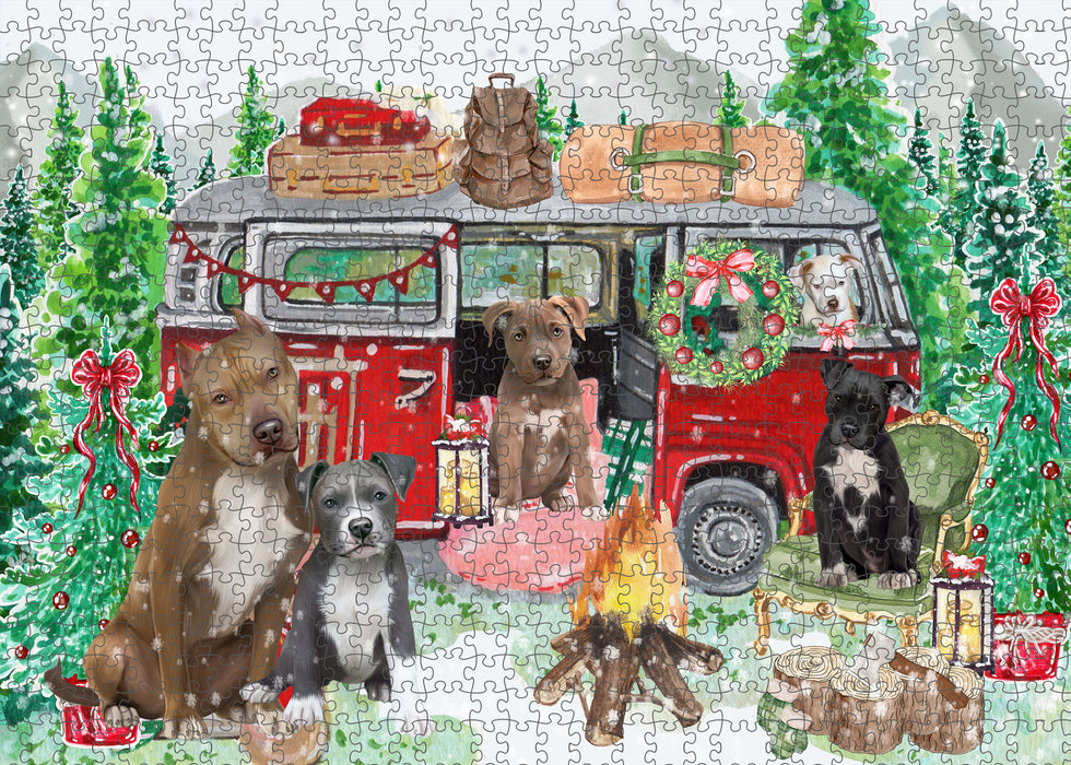 Christmas Time Camping with Pitbull Dogs Portrait Jigsaw Puzzle for Adults Animal Interlocking Puzzle Game Unique Gift for Dog Lover's with Metal Tin Box