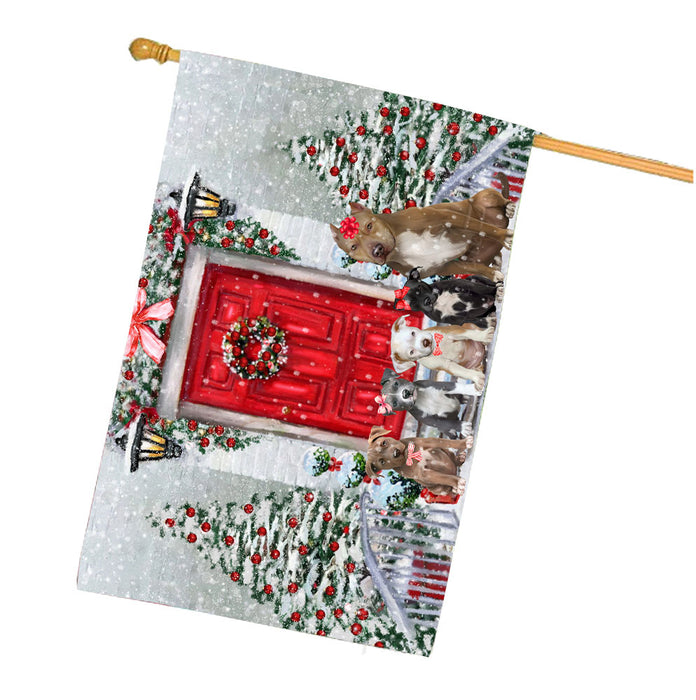 Christmas Holiday Welcome Pitbull Dogs House Flag Outdoor Decorative Double Sided Pet Portrait Weather Resistant Premium Quality Animal Printed Home Decorative Flags 100% Polyester