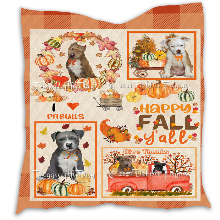 Happy Fall Y'all Pumpkin Pitbull Dogs Quilt Bed Coverlet Bedspread - Pets Comforter Unique One-side Animal Printing - Soft Lightweight Durable Washable Polyester Quilt