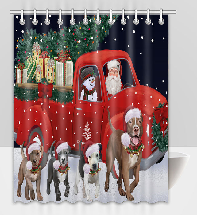 Christmas Express Delivery Red Truck Running Pitbull Dogs Shower Curtain Bathroom Accessories Decor Bath Tub Screens