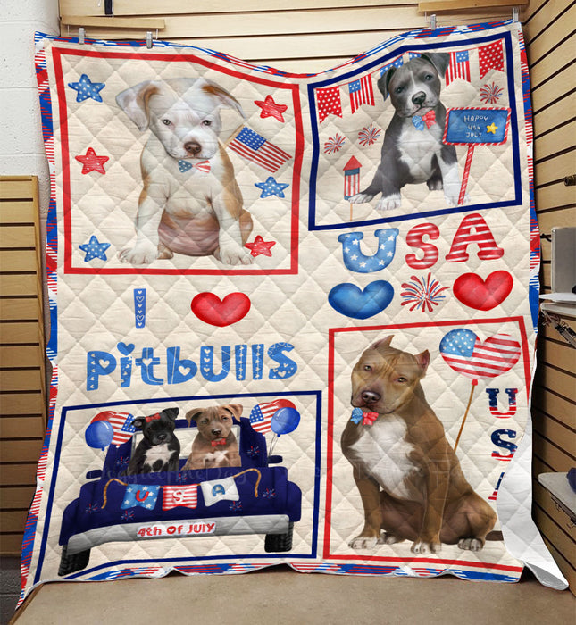 4th of July Independence Day I Love USA Pitbull Dogs Quilt Bed Coverlet Bedspread - Pets Comforter Unique One-side Animal Printing - Soft Lightweight Durable Washable Polyester Quilt