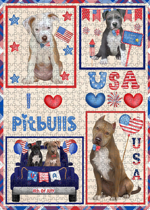 4th of July Independence Day I Love USA Pitbull Dogs Portrait Jigsaw Puzzle for Adults Animal Interlocking Puzzle Game Unique Gift for Dog Lover's with Metal Tin Box