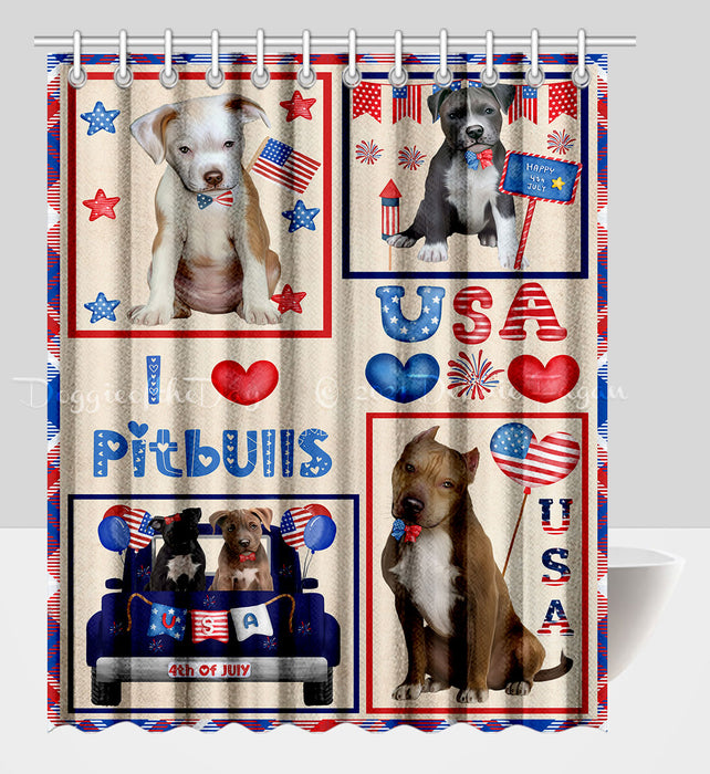 4th of July Independence Day I Love USA Pitbull Dogs Shower Curtain Pet Painting Bathtub Curtain Waterproof Polyester One-Side Printing Decor Bath Tub Curtain for Bathroom with Hooks
