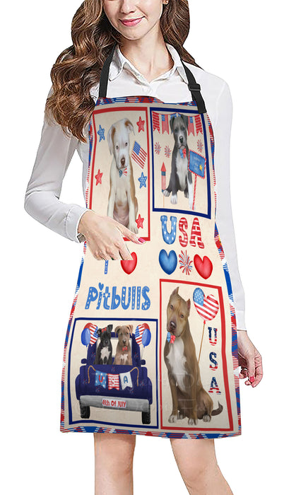 4th of July Independence Day I Love USA Pitbull Dogs Apron - Adjustable Long Neck Bib for Adults - Waterproof Polyester Fabric With 2 Pockets - Chef Apron for Cooking, Dish Washing, Gardening, and Pet Grooming