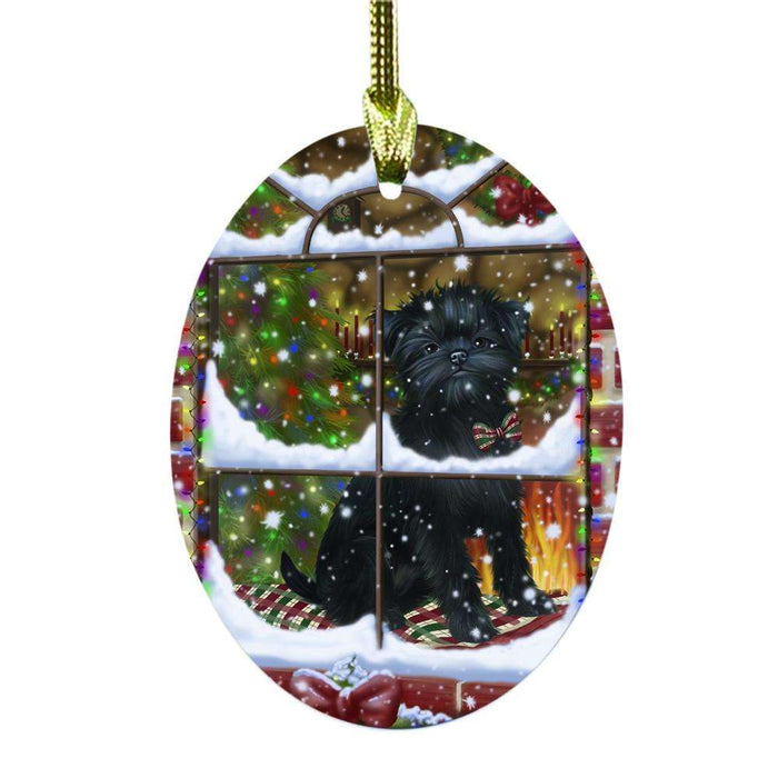 Please Come Home For Christmas Affenpinscher Dog Sitting In Window Oval Glass Christmas Ornament OGOR49104