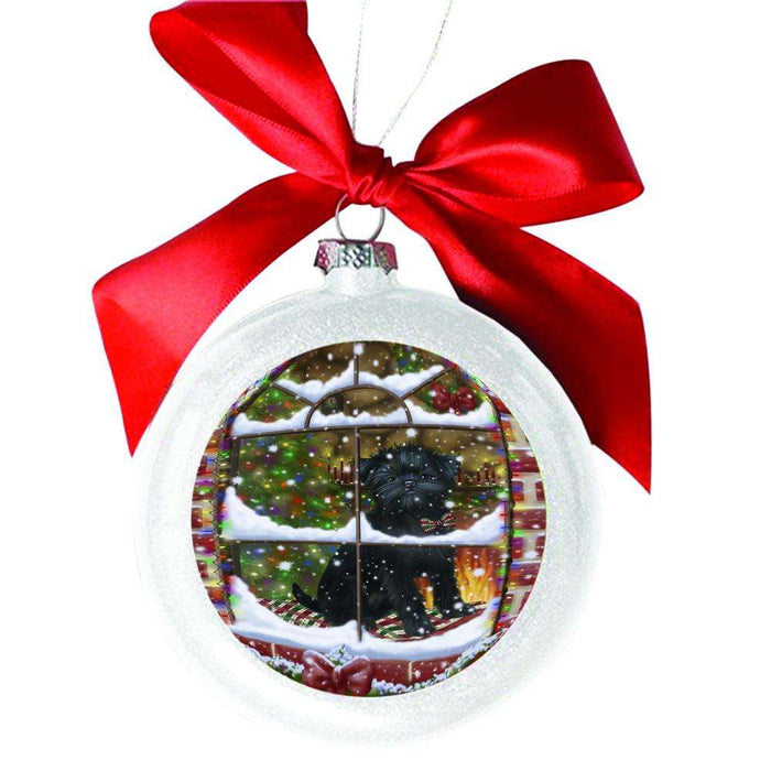 Please Come Home For Christmas Affenpinscher Dog Sitting In Window White Round Ball Christmas Ornament WBSOR49104