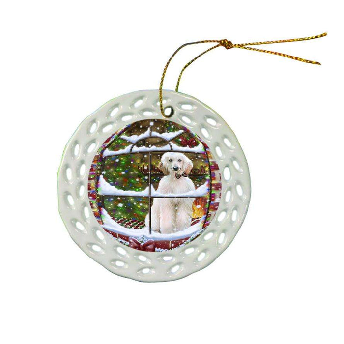 Please Come Home For Christmas Afghan Hound Dog Sitting In Window Ceramic Doily Ornament DPOR53603