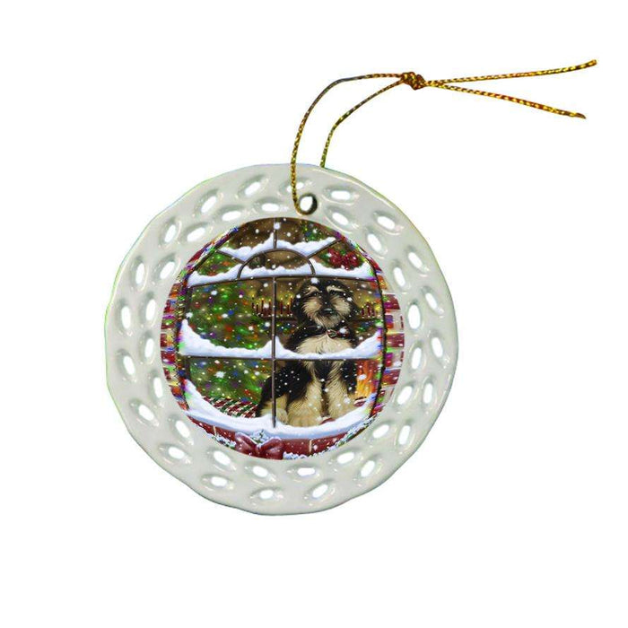 Please Come Home For Christmas Afghan Hound Dog Sitting In Window Ceramic Doily Ornament DPOR53604