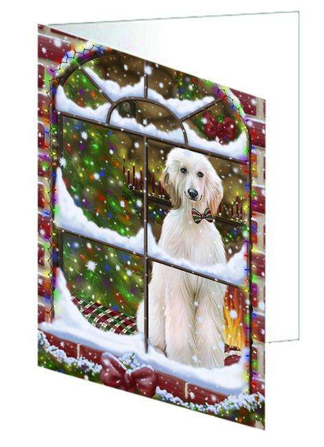 Please Come Home For Christmas Afghan Hound Dog Sitting In Window Handmade Artwork Assorted Pets Greeting Cards and Note Cards with Envelopes for All Occasions and Holiday Seasons GCD64838