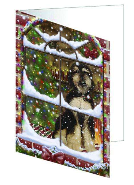 Please Come Home For Christmas Afghan Hound Dog Sitting In Window Handmade Artwork Assorted Pets Greeting Cards and Note Cards with Envelopes for All Occasions and Holiday Seasons GCD64841