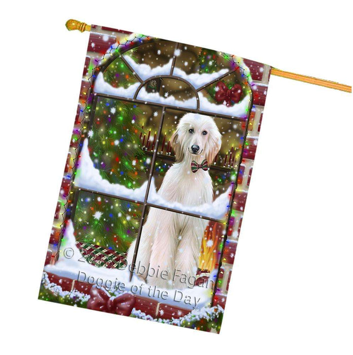 Please Come Home For Christmas Afghan Hound Dog Sitting In Window House Flag FLG53801