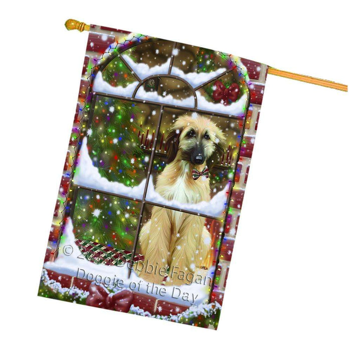 Please Come Home For Christmas Afghan Hound Dog Sitting In Window House Flag FLG53803