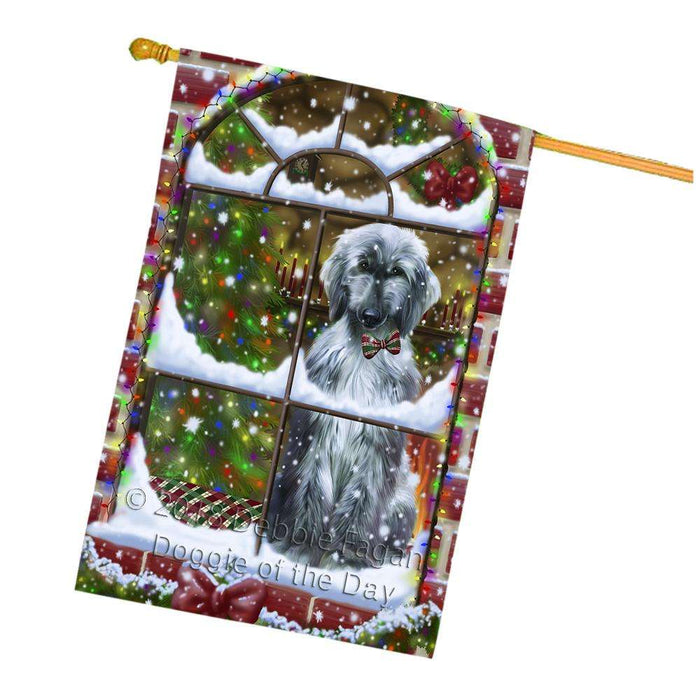 Please Come Home For Christmas Afghan Hound Dog Sitting In Window House Flag FLG53804