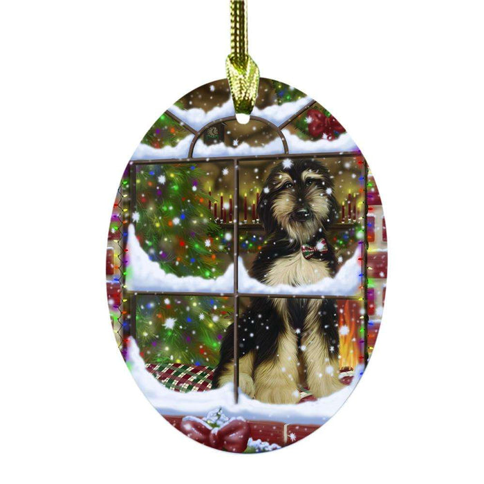 Please Come Home For Christmas Afghan Hound Dog Sitting In Window Oval Glass Christmas Ornament OGOR49106