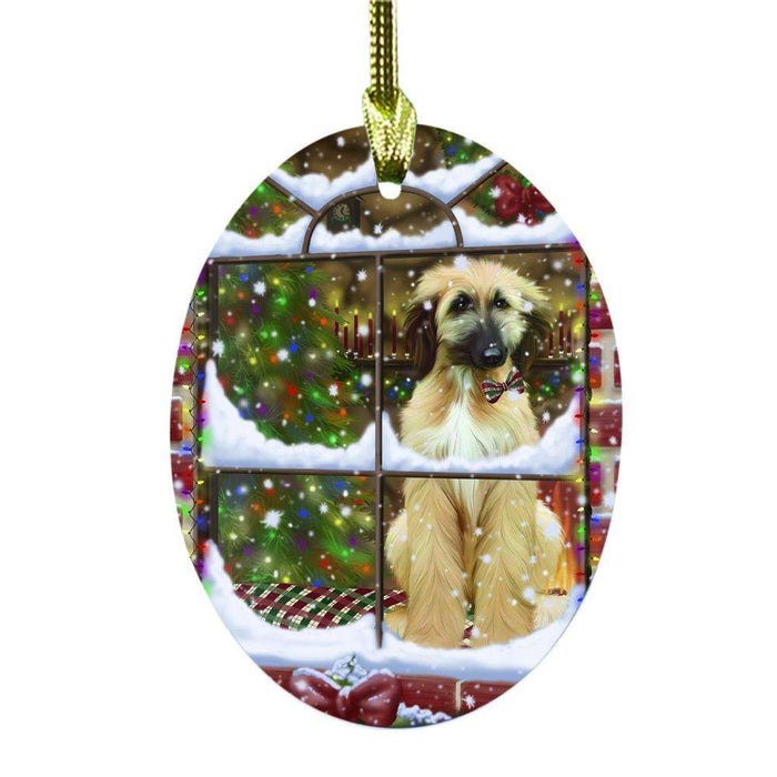 Please Come Home For Christmas Afghan Hound Dog Sitting In Window Oval Glass Christmas Ornament OGOR49107
