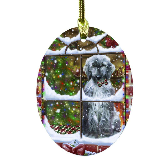 Please Come Home For Christmas Afghan Hound Dog Sitting In Window Oval Glass Christmas Ornament OGOR49108