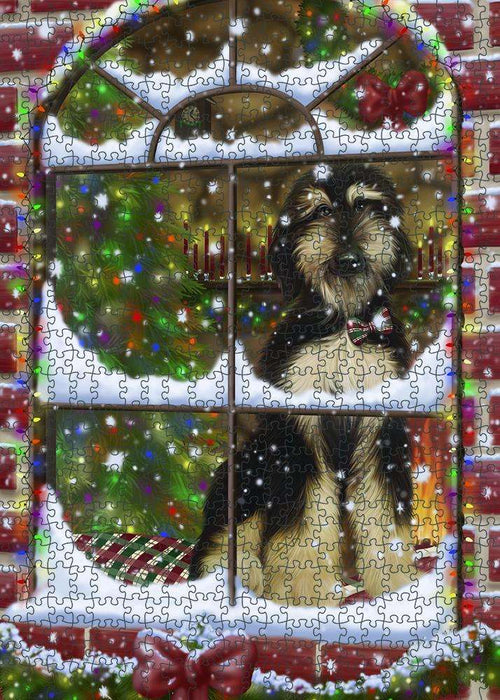 Please Come Home For Christmas Afghan Hound Dog Sitting In Window Puzzle with Photo Tin PUZL81572