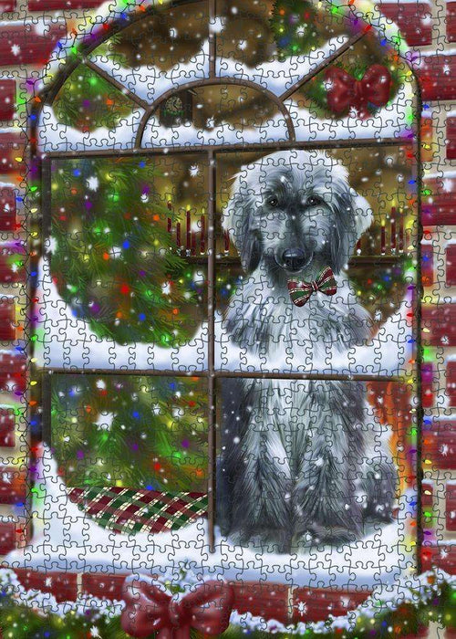 Please Come Home For Christmas Afghan Hound Dog Sitting In Window Puzzle with Photo Tin PUZL81580