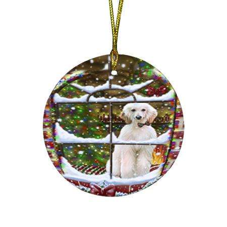 Please Come Home For Christmas Afghan Hound Dog Sitting In Window Round Flat Christmas Ornament RFPOR53594