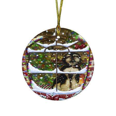 Please Come Home For Christmas Afghan Hound Dog Sitting In Window Round Flat Christmas Ornament RFPOR53595