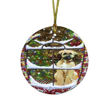 Please Come Home For Christmas Afghan Hound Dog Sitting In Window Round Flat Christmas Ornament RFPOR53596