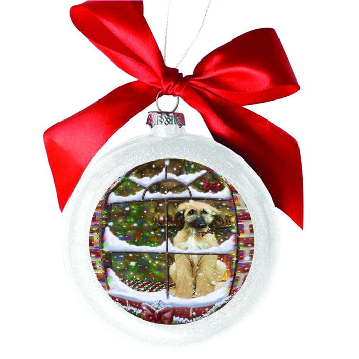Please Come Home For Christmas Afghan Hound Dog Sitting In Window White Round Ball Christmas Ornament WBSOR49107