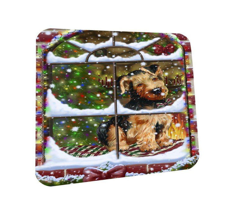 Please Come Home For Christmas Airedales Dog Sitting In Window Coasters Set of 4