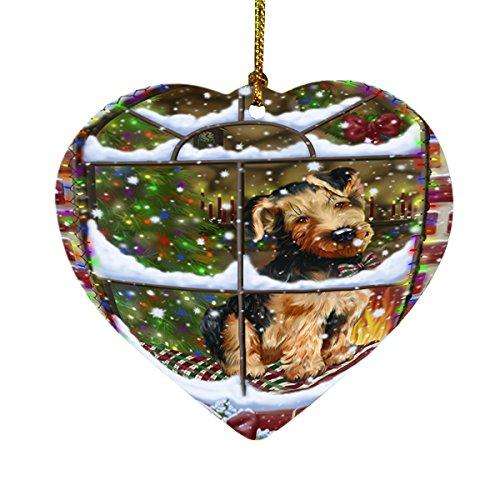 Please Come Home For Christmas Airedales Dog Sitting In Window Heart Ornament D347