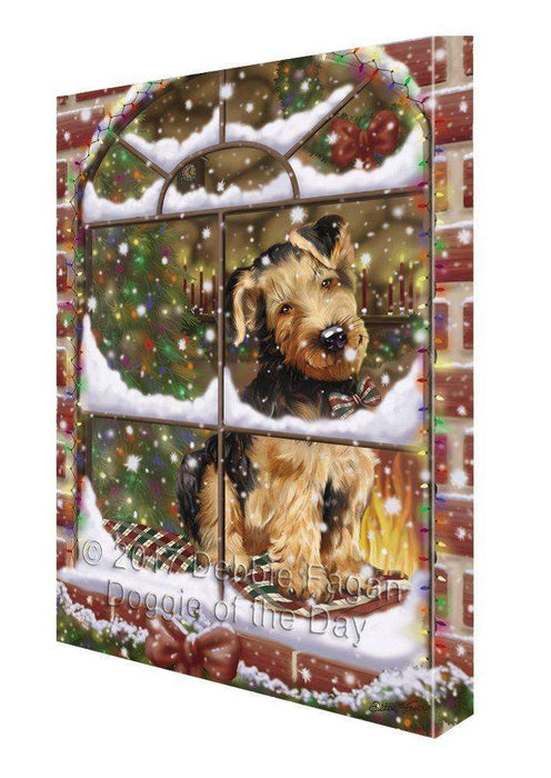 Please Come Home For Christmas Airedales Dog Sitting In Window Painting Printed on Canvas Wall Art