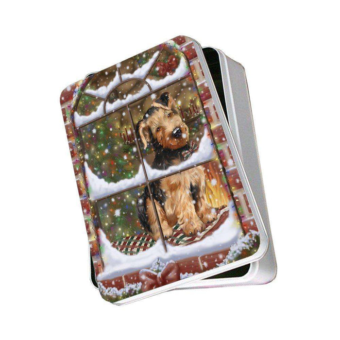Please Come Home For Christmas Airedales Dog Sitting In Window Photo Storage Tin