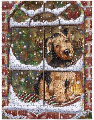 Please Come Home For Christmas Airedales Dog Sitting In Window Puzzle with Photo Tin