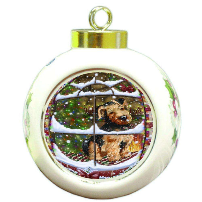 Please Come Home For Christmas Airedales Dog Sitting In Window Round Ball Ornament D375