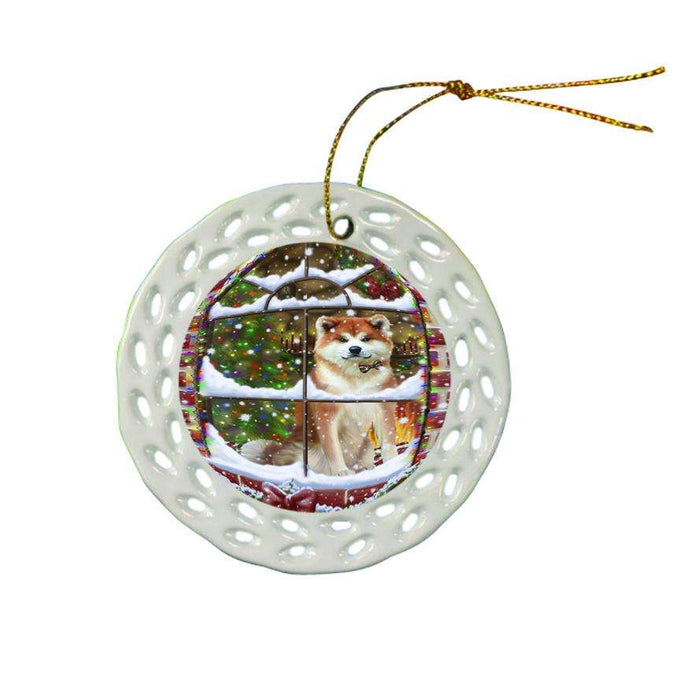 Please Come Home For Christmas Akita Dog Sitting In Window Ceramic Doily Ornament DPOR53607