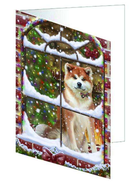 Please Come Home For Christmas Akita Dog Sitting In Window Handmade Artwork Assorted Pets Greeting Cards and Note Cards with Envelopes for All Occasions and Holiday Seasons GCD64850