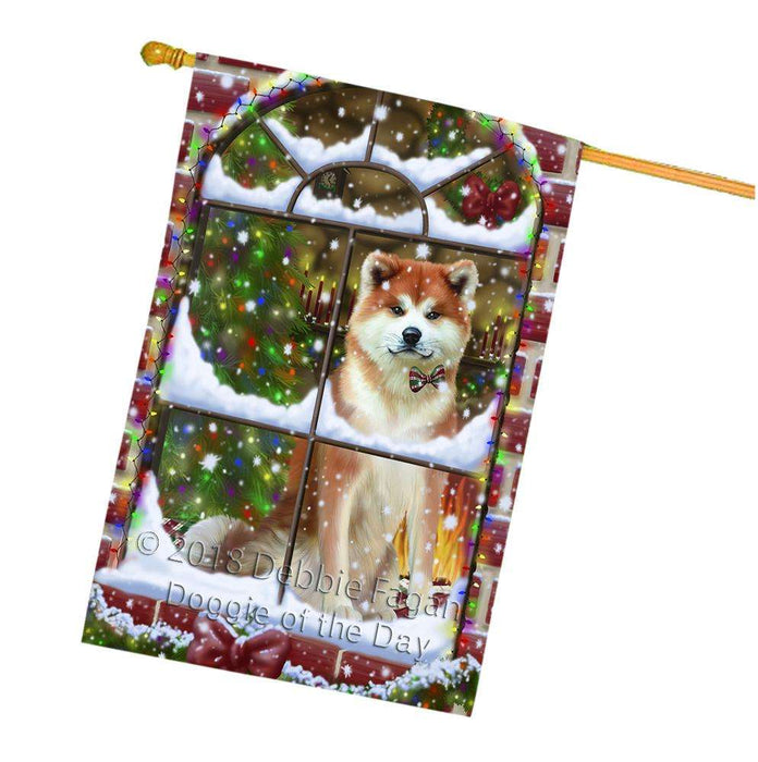 Please Come Home For Christmas Akita Dog Sitting In Window House Flag FLG53805