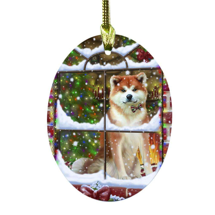 Please Come Home For Christmas Akita Dog Sitting In Window Oval Glass Christmas Ornament OGOR49110