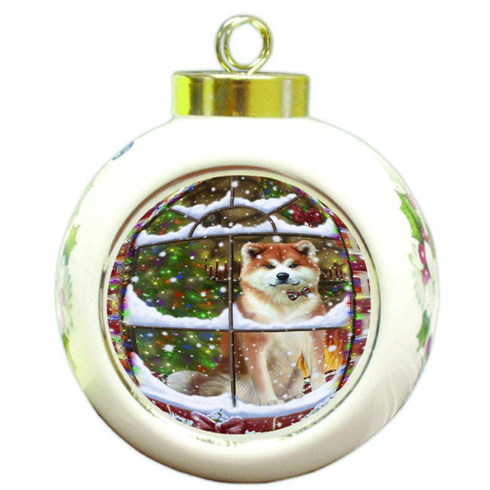 Please Come Home For Christmas Akita Dog Sitting In Window Round Ball Christmas Ornament RBPOR53607