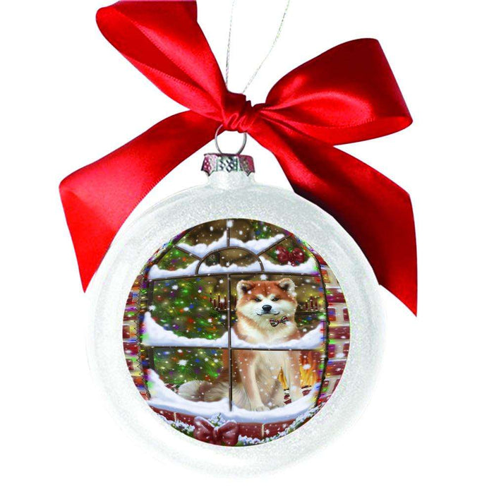 Please Come Home For Christmas Akita Dog Sitting In Window White Round Ball Christmas Ornament WBSOR49110