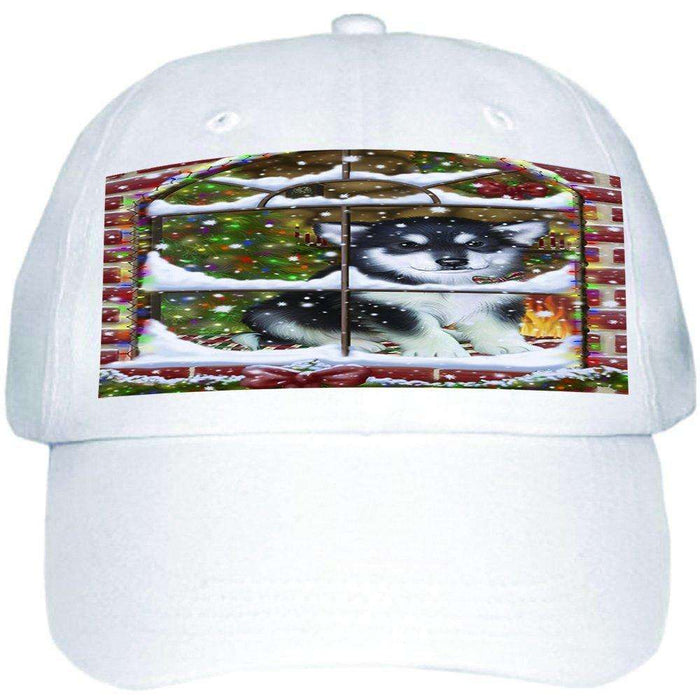 Please Come Home For Christmas Alaskan Malamute Dog Sitting In Window Ball Hat Cap HAT48861 (White)