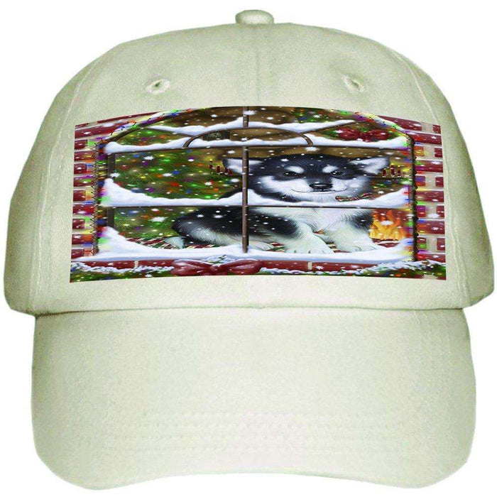 Please Come Home For Christmas Alaskan Malamute Dog Sitting In Window Ball Hat Cap HAT48861 (White)