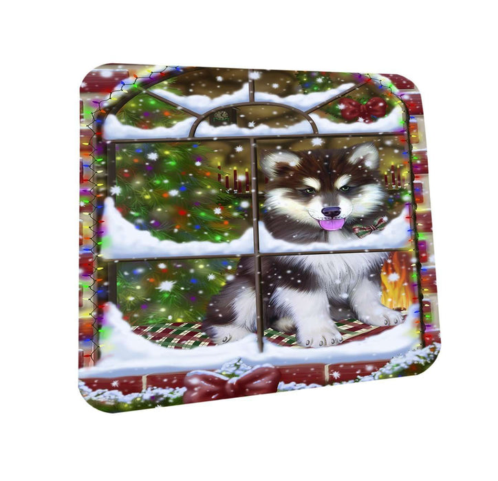 Please Come Home For Christmas Alaskan Malamute Dog Sitting In Window Coasters Set of 4 CST48334